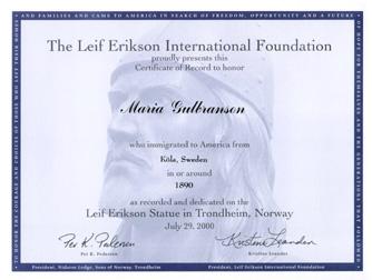 Certificate of Record, Maria Gulbranson